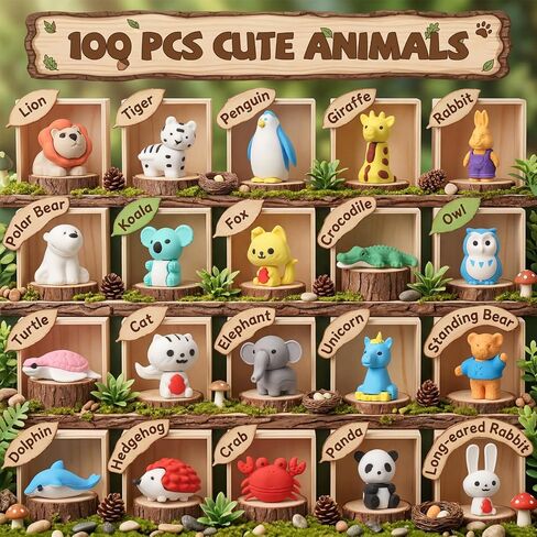 Supervitae 100 Pcs Mini Animal Erasers Blind Bags, Cute Animal Shaped Pencil Erasers Bulk with 20 Assorted Zoo Designs, Cartoon Eraser for Kids Classroom Prizes Teacher Rewards Party Favors in Kuwait