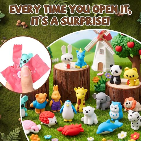 Supervitae 100 Pcs Mini Animal Erasers Blind Bags, Cute Animal Shaped Pencil Erasers Bulk with 20 Assorted Zoo Designs, Cartoon Eraser for Kids Classroom Prizes Teacher Rewards Party Favors in Kuwait