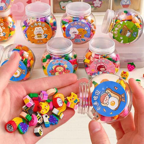 50Pcs/Bottle Creative Fruit Animal Eraser Multicolor Mini Cute Pencil Eraser School Student Office Stationery Supplies Gifts Random Style,5.5x5.3cm in Kuwait