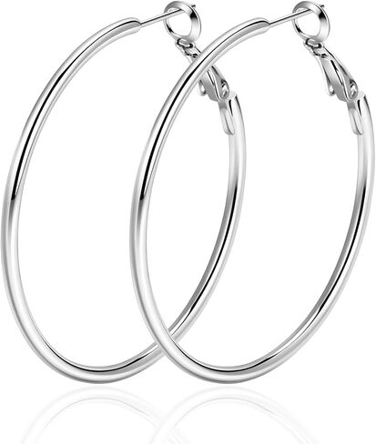 Rugewelry 925 Sterling Silver Hoop Earrings,18K White Gold Plated Polished Rounded Hoop Earrings For Women Girls,Gift Box Packaging in Kuwait