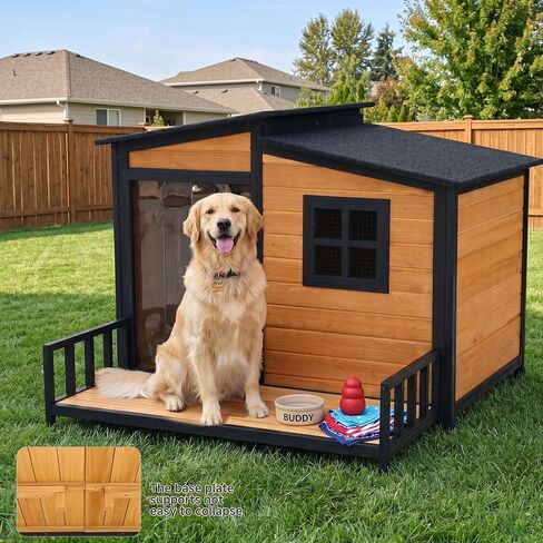 44" Anti-Chew Large Outdoor Dog House, Wooden Iron Frame for Med-Large Dogs in Kuwait