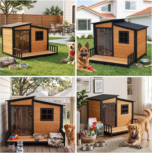44" Anti-Chew Large Outdoor Dog House, Wooden Iron Frame for Med-Large Dogs in Kuwait