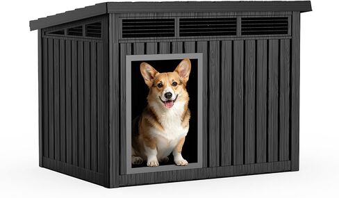 Durable Waterproof Resin Dog House,Indoor Outdoor Doghouse for Small to Large Dogs,Dog Kennel with Air Vents and Elevated Floor,Easy to Assemble and Clean(Black 42.87 * 32.95 * 31.61) in Kuwait
