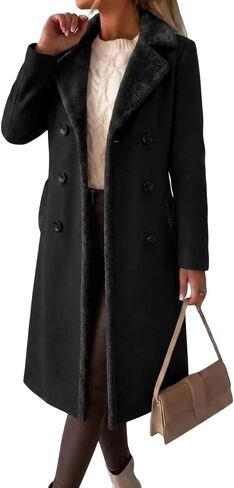 IDEALSANXUN Fur Collar Wool Coats for Women Double Breasted Long Peacoat Jackets 2023 in Kuwait