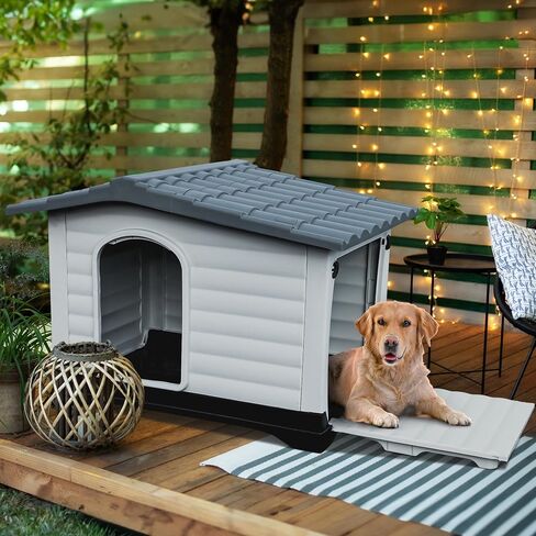 DWVO 2-Door Large Dog House with Elevated Base & Cushion, Weather-Resistance Dog Bed House for Indoor/Outdoor Use, Easy Assembly Pet House for Small to Large Dogs (43.7''L x 33''W x 31.6''H) in Kuwait