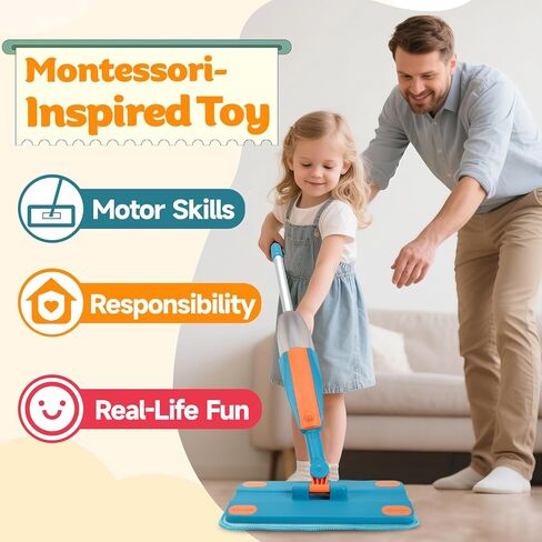 Kids Spray Mop - Real Working Toddler Cleaning Toy Set with Water Sprayer & 2 Washable Pads - Montessori Mini Mop & Sweeper - Interactive Learning Toys for Kids Ages 3+ in Kuwait