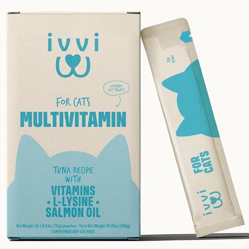 ivvi Multivitamin for Cats - Creamy Lickable Cat Supplement with Tuna, Vitamins, L-Lysine, Taurine & Salmon Oil - Daily Cat Wellness Support - 30 Pouches x 15 g in Kuwait