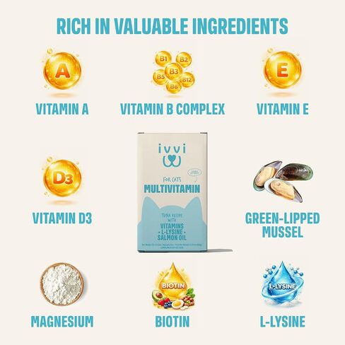 ivvi Multivitamin for Cats - Creamy Lickable Cat Supplement with Tuna, Vitamins, L-Lysine, Taurine & Salmon Oil - Daily Cat Wellness Support - 30 Pouches x 15 g in Kuwait