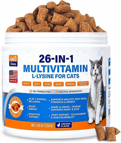 Cat Multivitamin Treats 26-in-1 Taurine for Cats with Lysine Turmeric MSM Glucosamine Omega for Immune Support, Skin & Coat Health, Hip, Joint, Heart, Eyes, Cat Vitamins for Indoor Cats in Kuwait