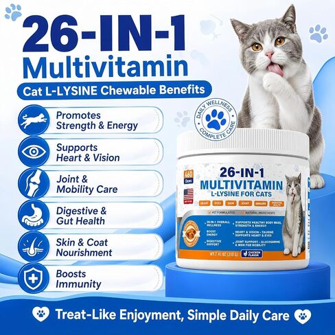 Cat Multivitamin Treats 26-in-1 Taurine for Cats with Lysine Turmeric MSM Glucosamine Omega for Immune Support, Skin & Coat Health, Hip, Joint, Heart, Eyes, Cat Vitamins for Indoor Cats in Kuwait