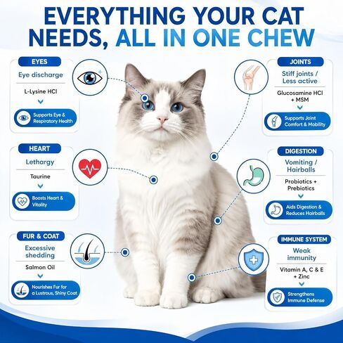 Cat Multivitamin Treats 26-in-1 Taurine for Cats with Lysine Turmeric MSM Glucosamine Omega for Immune Support, Skin & Coat Health, Hip, Joint, Heart, Eyes, Cat Vitamins for Indoor Cats in Kuwait
