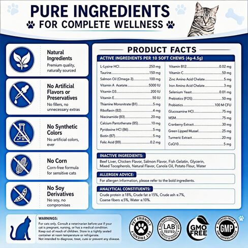 Cat Multivitamin Treats 26-in-1 Taurine for Cats with Lysine Turmeric MSM Glucosamine Omega for Immune Support, Skin & Coat Health, Hip, Joint, Heart, Eyes, Cat Vitamins for Indoor Cats in Kuwait