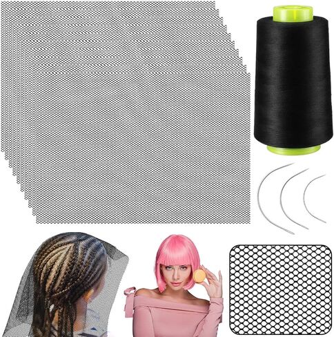 Luinabio 10 Pcs Black Hair Net 26 x 18 Inch Stretchy Weaving Net Accessories with 3 Weaving Needles Large Medium Small C Shape Needle 1 Roll Black Thread for Making Wig Sew in Hair Weave Extension in Kuwait