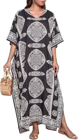Goood Times Caftan Dress Long Maxi Paisley Print Gown Beach Cover Up,Black,One Size in Saudi Arabia