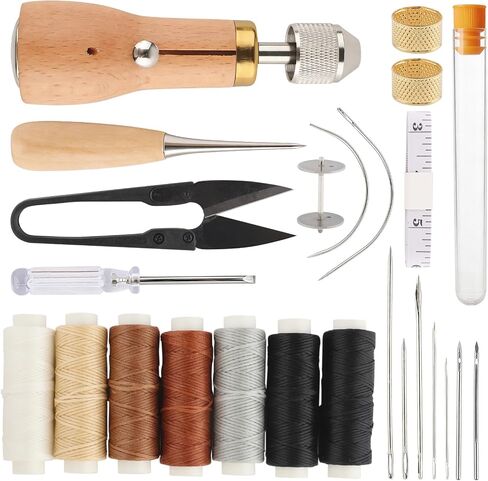 25Pcs Sewing Awl Kit, Professional Portable Leather Stitching Awl Tool with Waxed Thread Needle Small Screwdriver Yarn Scissors,Heavy Duty Speedy Stitcher Leather Repair Kit for Sewing DIY Craft in Kuwait