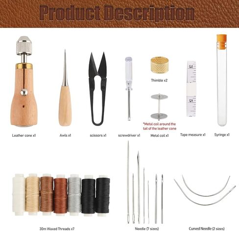 25Pcs Sewing Awl Kit, Professional Portable Leather Stitching Awl Tool with Waxed Thread Needle Small Screwdriver Yarn Scissors,Heavy Duty Speedy Stitcher Leather Repair Kit for Sewing DIY Craft in Kuwait