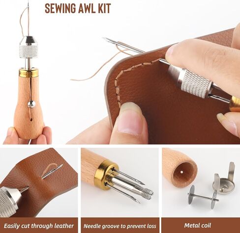 25Pcs Sewing Awl Kit, Professional Portable Leather Stitching Awl Tool with Waxed Thread Needle Small Screwdriver Yarn Scissors,Heavy Duty Speedy Stitcher Leather Repair Kit for Sewing DIY Craft in Kuwait