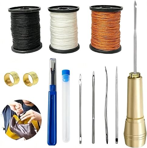 Leather Sewing Awl Kit with 3 Colors of Thread, Copper Handle, 5 Needles, and Accessories for Canvas, Shoe, and Leather Repair in Kuwait