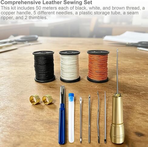 Leather Sewing Awl Kit with 3 Colors of Thread, Copper Handle, 5 Needles, and Accessories for Canvas, Shoe, and Leather Repair in Kuwait