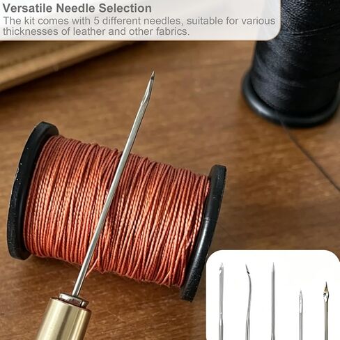 Leather Sewing Awl Kit with 3 Colors of Thread, Copper Handle, 5 Needles, and Accessories for Canvas, Shoe, and Leather Repair in Kuwait