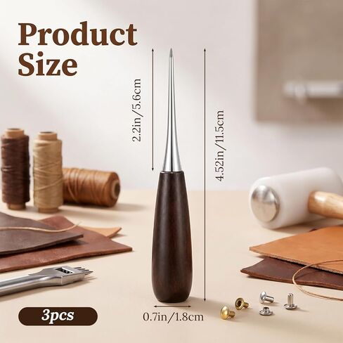3Pcs Sewing Awl, Leather Awl Tool Wooden Handle Stitching Awls in Kuwait