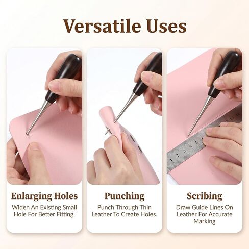 3Pcs Sewing Awl, Leather Awl Tool Wooden Handle Stitching Awls in Kuwait