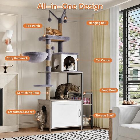 HavenlyYouth Cat Tree with Food Station and Litter Box Enclosure, Multi-Level Cat Tree Tower with Sisal Scratch Posts for Playtime, Plush Hammock in Gray for Cozy in Saudi Arabia
