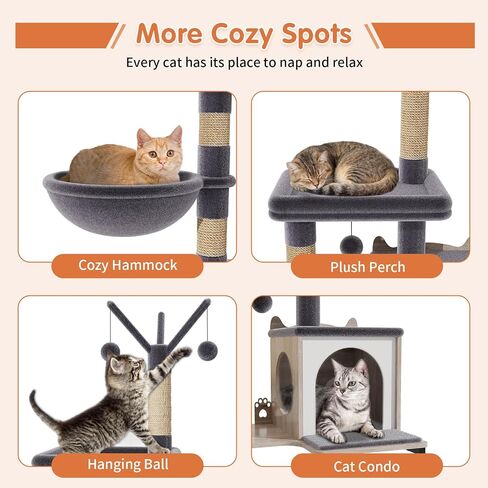 HavenlyYouth Cat Tree with Food Station and Litter Box Enclosure, Multi-Level Cat Tree Tower with Sisal Scratch Posts for Playtime, Plush Hammock in Gray for Cozy in Saudi Arabia