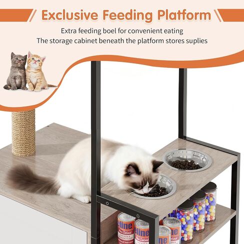 HavenlyYouth Cat Tree with Food Station and Litter Box Enclosure, Multi-Level Cat Tree Tower with Sisal Scratch Posts for Playtime, Plush Hammock in Gray for Cozy in Saudi Arabia