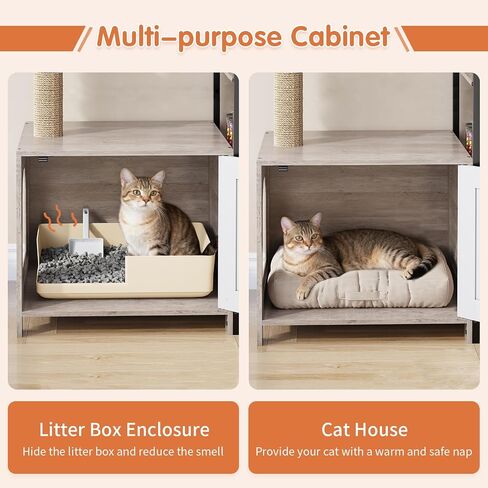 HavenlyYouth Cat Tree with Food Station and Litter Box Enclosure, Multi-Level Cat Tree Tower with Sisal Scratch Posts for Playtime, Plush Hammock in Gray for Cozy in Saudi Arabia