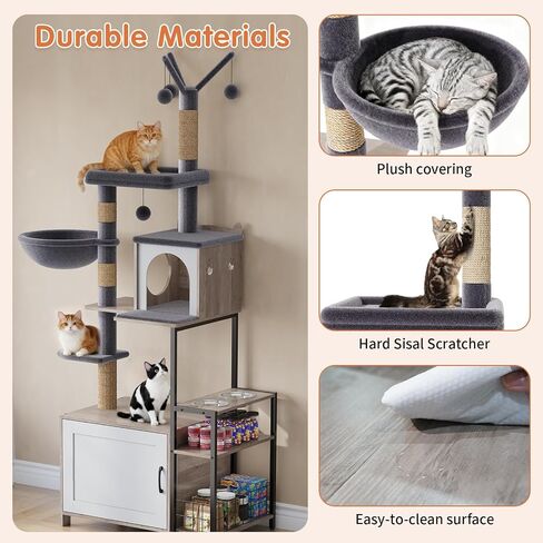 HavenlyYouth Cat Tree with Food Station and Litter Box Enclosure, Multi-Level Cat Tree Tower with Sisal Scratch Posts for Playtime, Plush Hammock in Gray for Cozy in Saudi Arabia