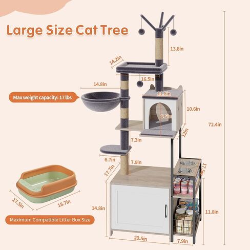 HavenlyYouth Cat Tree with Food Station and Litter Box Enclosure, Multi-Level Cat Tree Tower with Sisal Scratch Posts for Playtime, Plush Hammock in Gray for Cozy in Saudi Arabia