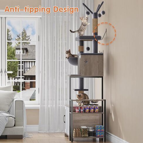 HavenlyYouth Cat Tree with Food Station and Litter Box Enclosure, Multi-Level Cat Tree Tower with Sisal Scratch Posts for Playtime, Plush Hammock in Gray for Cozy in Saudi Arabia