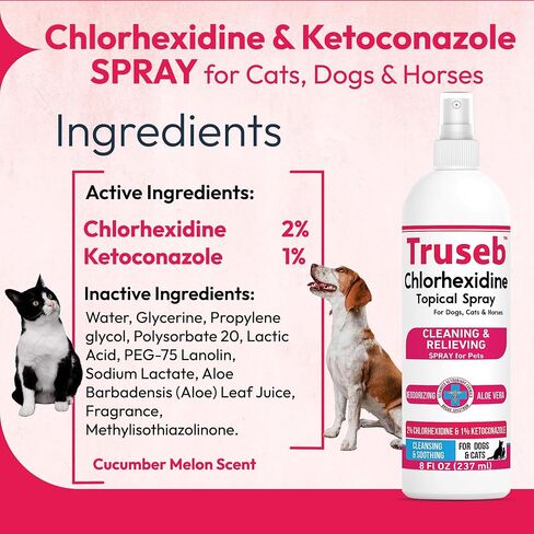 Truseb Advanced Strength Medicated Chlorhexidine for Dogs Cats Horses Skin Spray with Aloe Vera - Medicated Ketoconazole Spray for Skin Irritation, Hot Spots, Redne (Medicated Ketoconazole Spray, 8oz) in Saudi Arabia