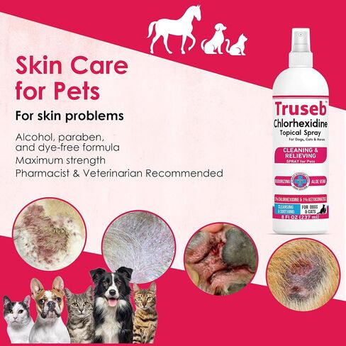 Truseb Advanced Strength Medicated Chlorhexidine for Dogs Cats Horses Skin Spray with Aloe Vera - Medicated Ketoconazole Spray for Skin Irritation, Hot Spots, Redne (Medicated Ketoconazole Spray, 8oz) in Saudi Arabia