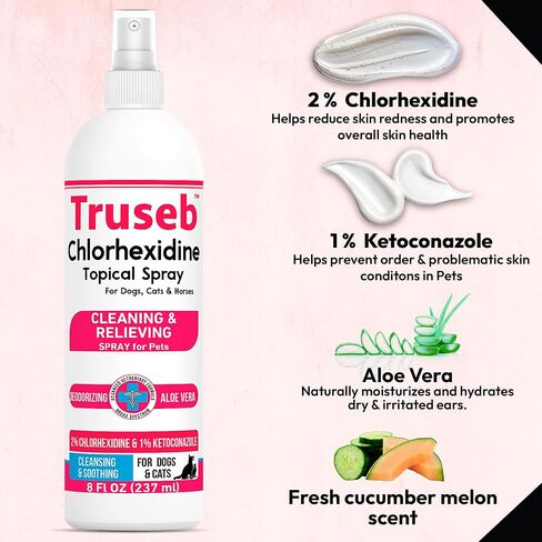 Truseb Advanced Strength Medicated Chlorhexidine for Dogs Cats Horses Skin Spray with Aloe Vera - Medicated Ketoconazole Spray for Skin Irritation, Hot Spots, Redne (Medicated Ketoconazole Spray, 8oz) in Saudi Arabia