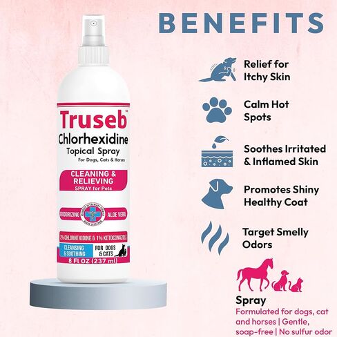 Truseb Advanced Strength Medicated Chlorhexidine for Dogs Cats Horses Skin Spray with Aloe Vera - Medicated Ketoconazole Spray for Skin Irritation, Hot Spots, Redne (Medicated Ketoconazole Spray, 8oz) in Saudi Arabia