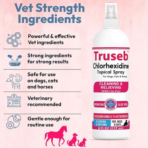 Truseb Advanced Strength Medicated Chlorhexidine for Dogs Cats Horses Skin Spray with Aloe Vera - Medicated Ketoconazole Spray for Skin Irritation, Hot Spots, Redne (Medicated Ketoconazole Spray, 8oz) in Saudi Arabia