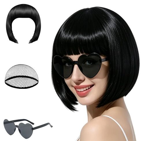 Free beauty Blonde Bob Short Cosplay Flapper Wig-Straight Synthetic Hair With Classic Flat Bangs for Women Natural Looking Halloween Party Christmas Wigs One Size in Kuwait
