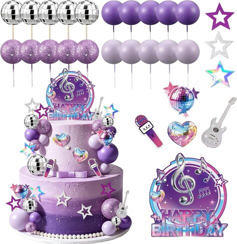 38Pcs Purple Music Cake Toppers Disco & Purple Ball Paper Guitar Microphone Star Cake decorations for Kpop Music Themed Birthday Party Supplies in Saudi Arabia
