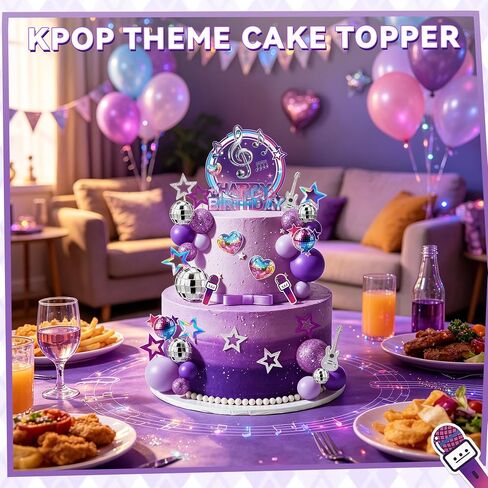 38Pcs Purple Music Cake Toppers Disco & Purple Ball Paper Guitar Microphone Star Cake decorations for Kpop Music Themed Birthday Party Supplies in Saudi Arabia