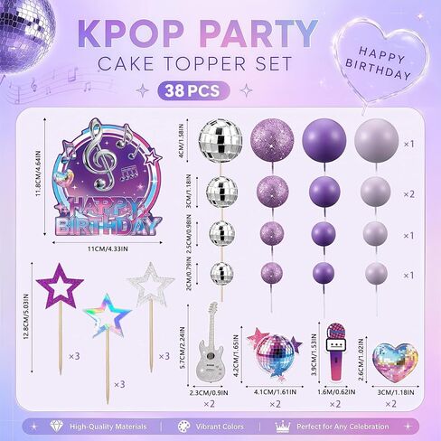 38Pcs Purple Music Cake Toppers Disco & Purple Ball Paper Guitar Microphone Star Cake decorations for Kpop Music Themed Birthday Party Supplies in Saudi Arabia