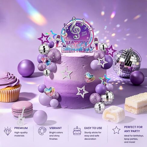 38Pcs Purple Music Cake Toppers Disco & Purple Ball Paper Guitar Microphone Star Cake decorations for Kpop Music Themed Birthday Party Supplies in Saudi Arabia