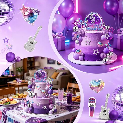 38Pcs Purple Music Cake Toppers Disco & Purple Ball Paper Guitar Microphone Star Cake decorations for Kpop Music Themed Birthday Party Supplies in Saudi Arabia