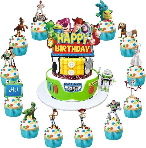 For Toy Movie Story 5 Birthday Cake Topper, Cute Cartoon Cake Decorations Include 1Pcs Happy Birthday Cake Topper and 12Pcs Cupcake Topper for Party Decorations (13Pcs) in Kuwait