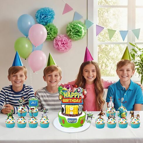 For Toy Movie Story 5 Birthday Cake Topper, Cute Cartoon Cake Decorations Include 1Pcs Happy Birthday Cake Topper and 12Pcs Cupcake Topper for Party Decorations (13Pcs) in Kuwait