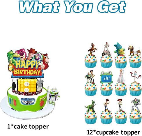 For Toy Movie Story 5 Birthday Cake Topper, Cute Cartoon Cake Decorations Include 1Pcs Happy Birthday Cake Topper and 12Pcs Cupcake Topper for Party Decorations (13Pcs) in Kuwait