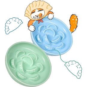 2 Pcs Ceramic Cat Slow Feeder Bowl Set, Dumpling Shape Cat Food Plates, 6.2" W Wide Shallow Whisker Friendly Slow Feeding Cat Bowls for Dry Food, Wet Food & Treats, Dishwasher Safe（Green + Blue） in Kuwait