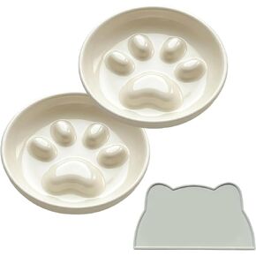 2 Pack Ceramic Slow Feeder Cat Bowls with Mat, Anti-Vomit in Kuwait