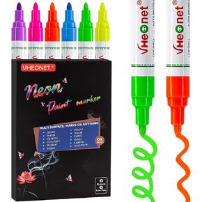 Neon Fluorescent Paint Markers - 6 Colors Oil-Based Paint Pens, Medium Tip, Quick Drying and Waterproof Permanent UV Marker for Rock, Plastic, Glass, Wood, Canvas, Metal, Pumpkin in Kuwait